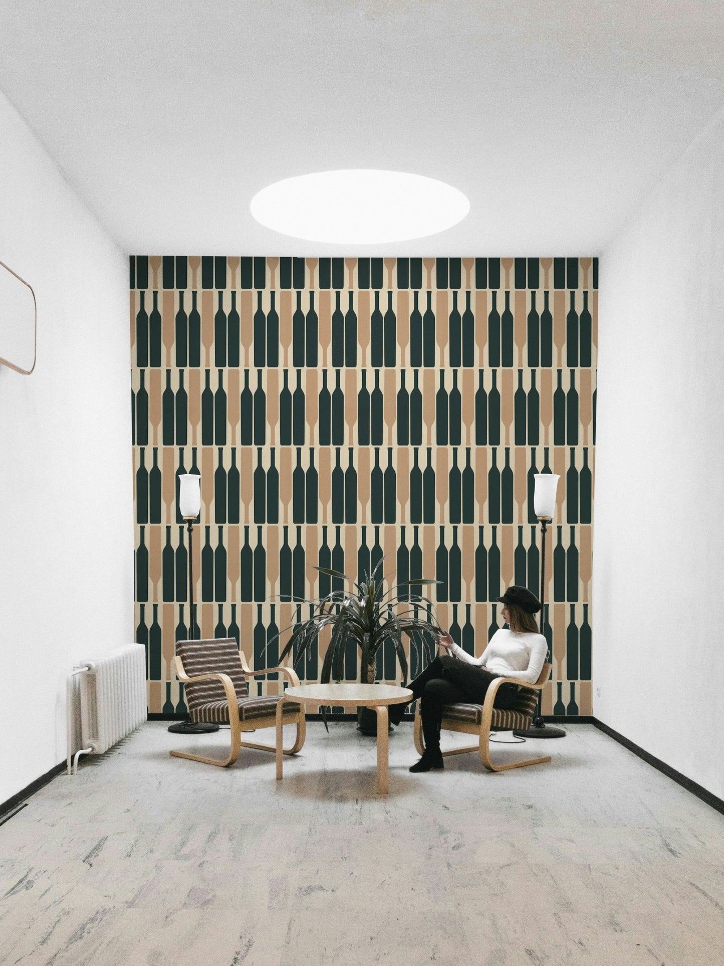 Blue wine cellar wallpaper with modern geometric shapes

