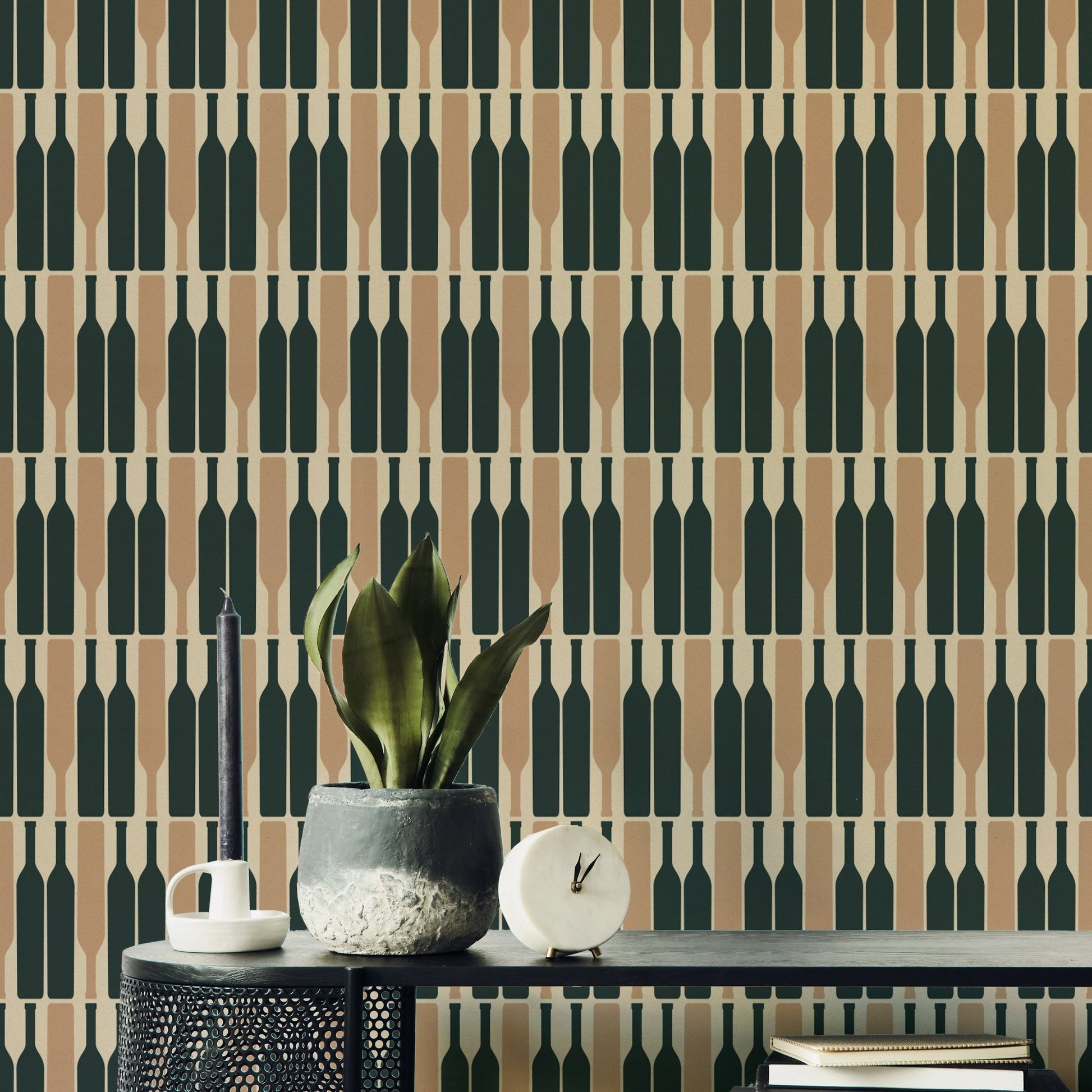 Geometric wine cellar wallpaper design in blue tones

