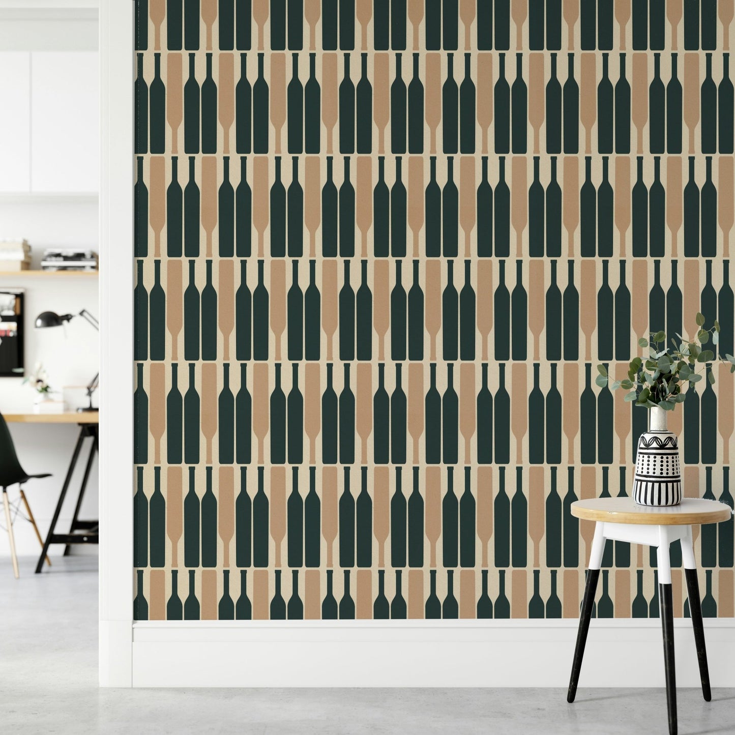 Stylish blue geometric wallpaper for wine cellar decor

