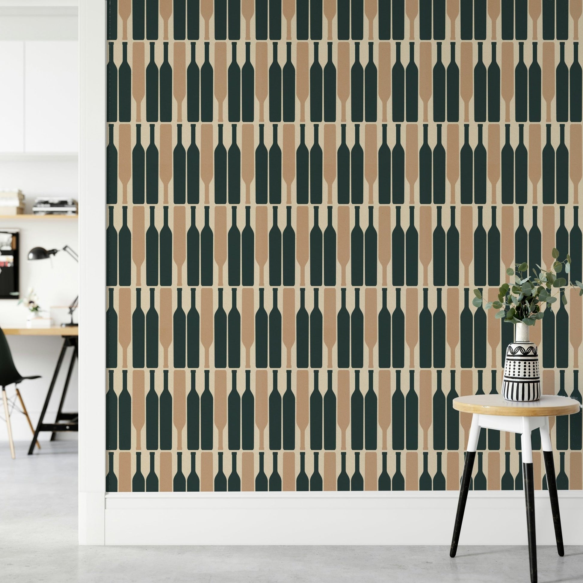 Stylish blue geometric wallpaper for wine cellar decor


