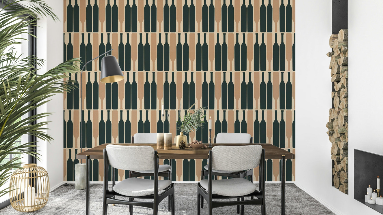 Wine cellar interior with blue geometric design wallpaper

