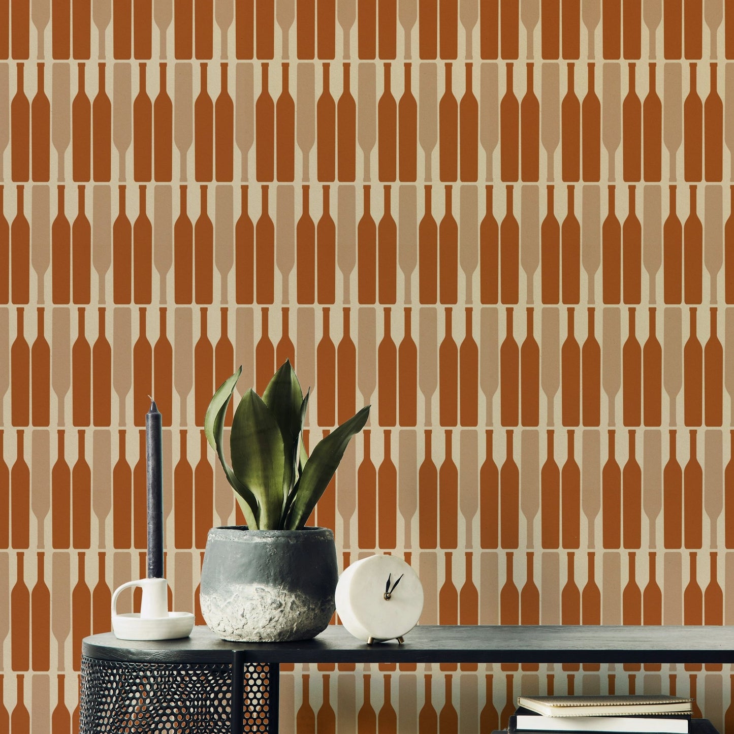 Geometric wallpaper for a trendy wine cellar look.

