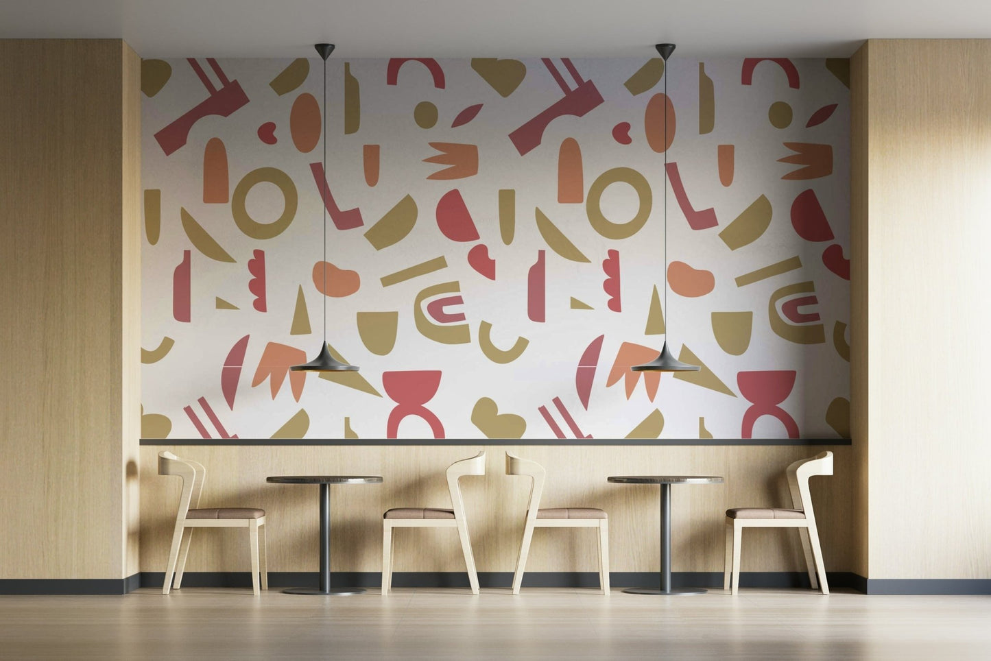 A peaceful wall mural with a modern geometric design.

