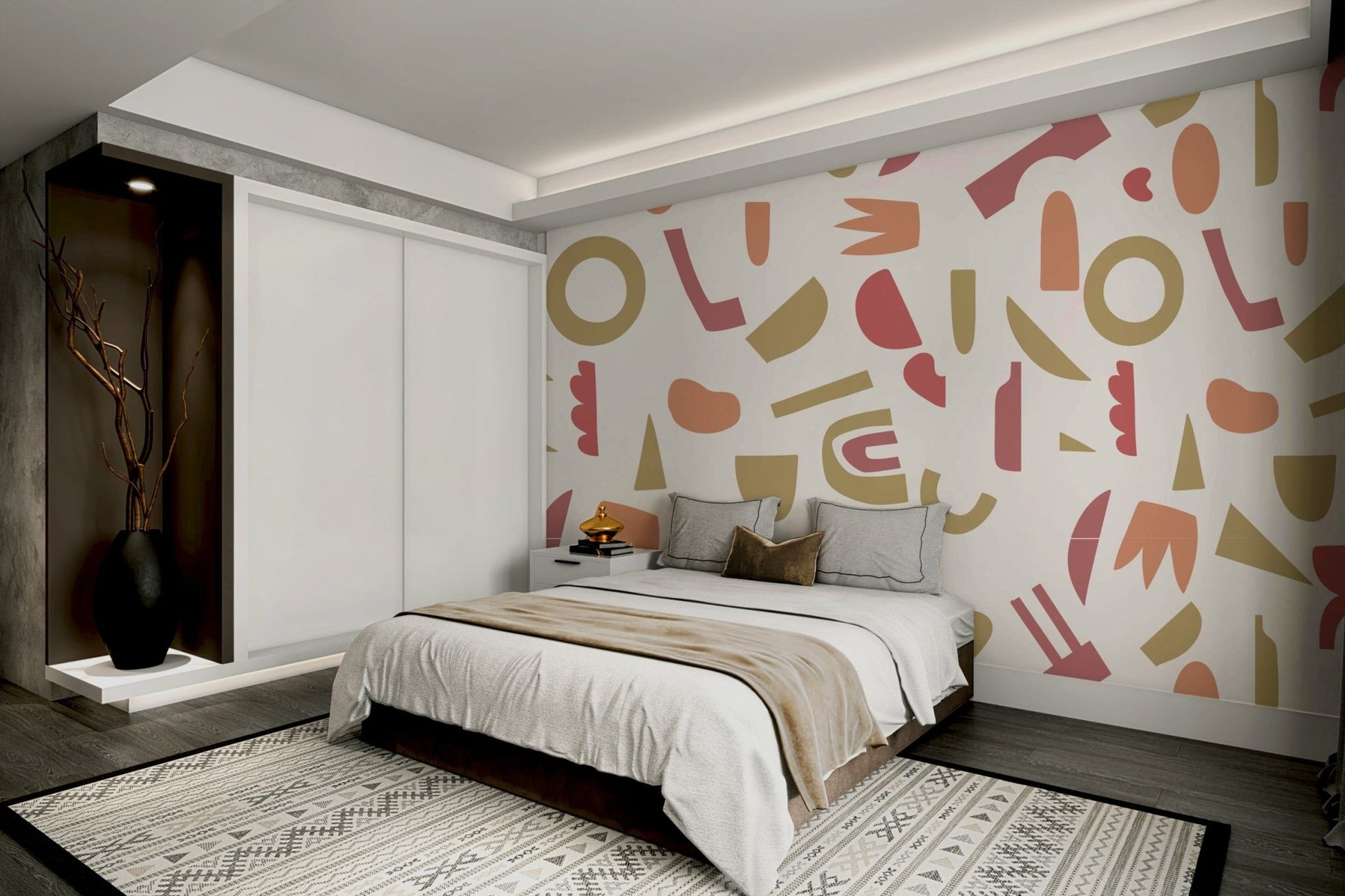 The design features a pattern of abstract shapes and lines.

