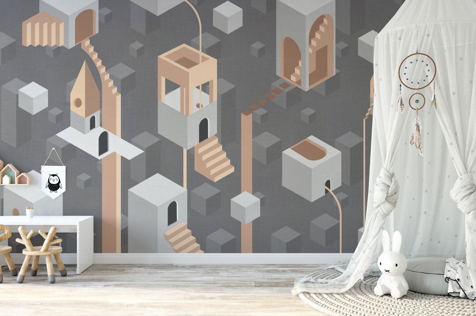 Futuristic Gray Geometric Wall Covering
