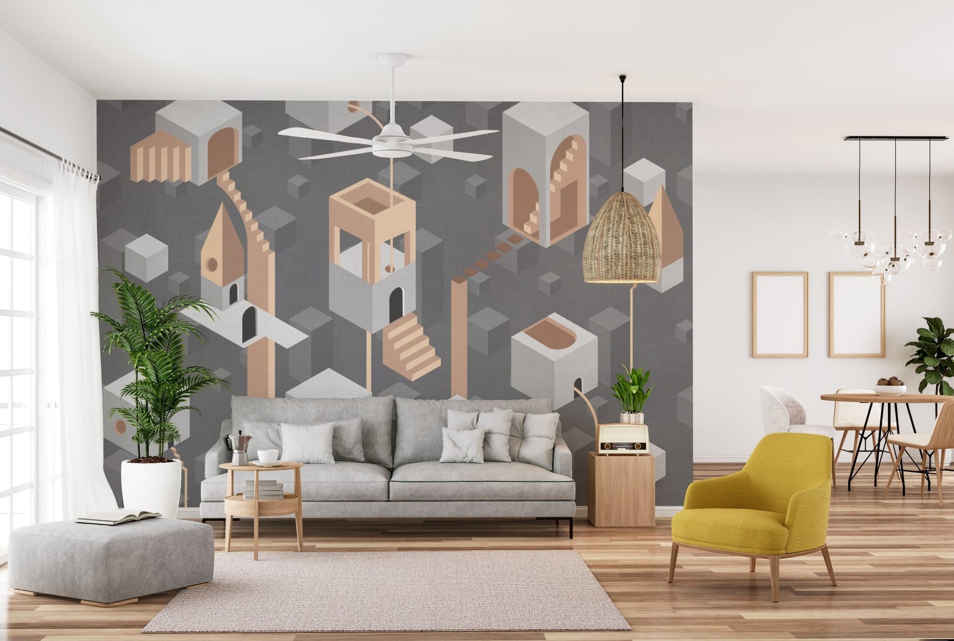 Surreal Floating Staircase Gray Wallpaper
