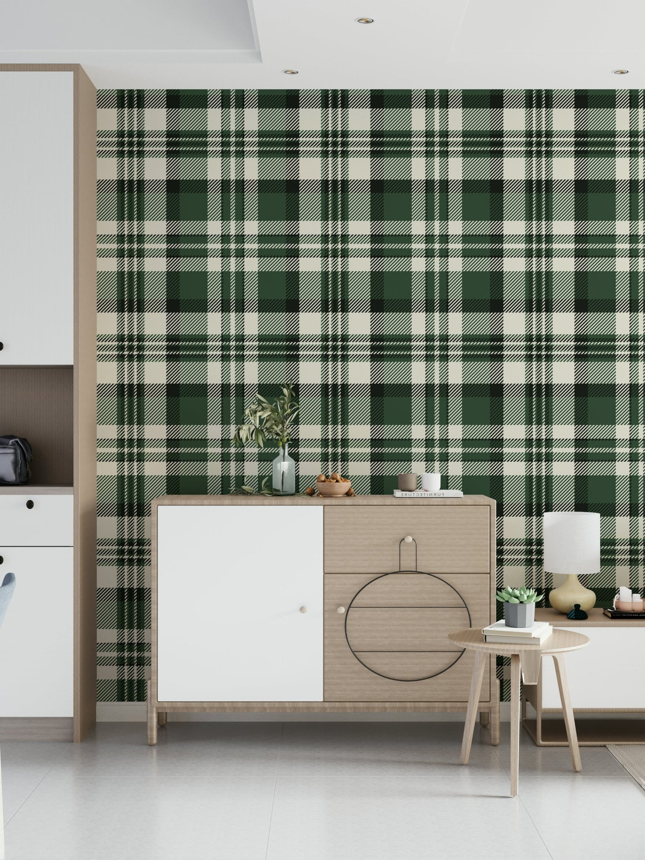 A beautiful modern green plaid wallpaper mural with subtle, contemporary lines.