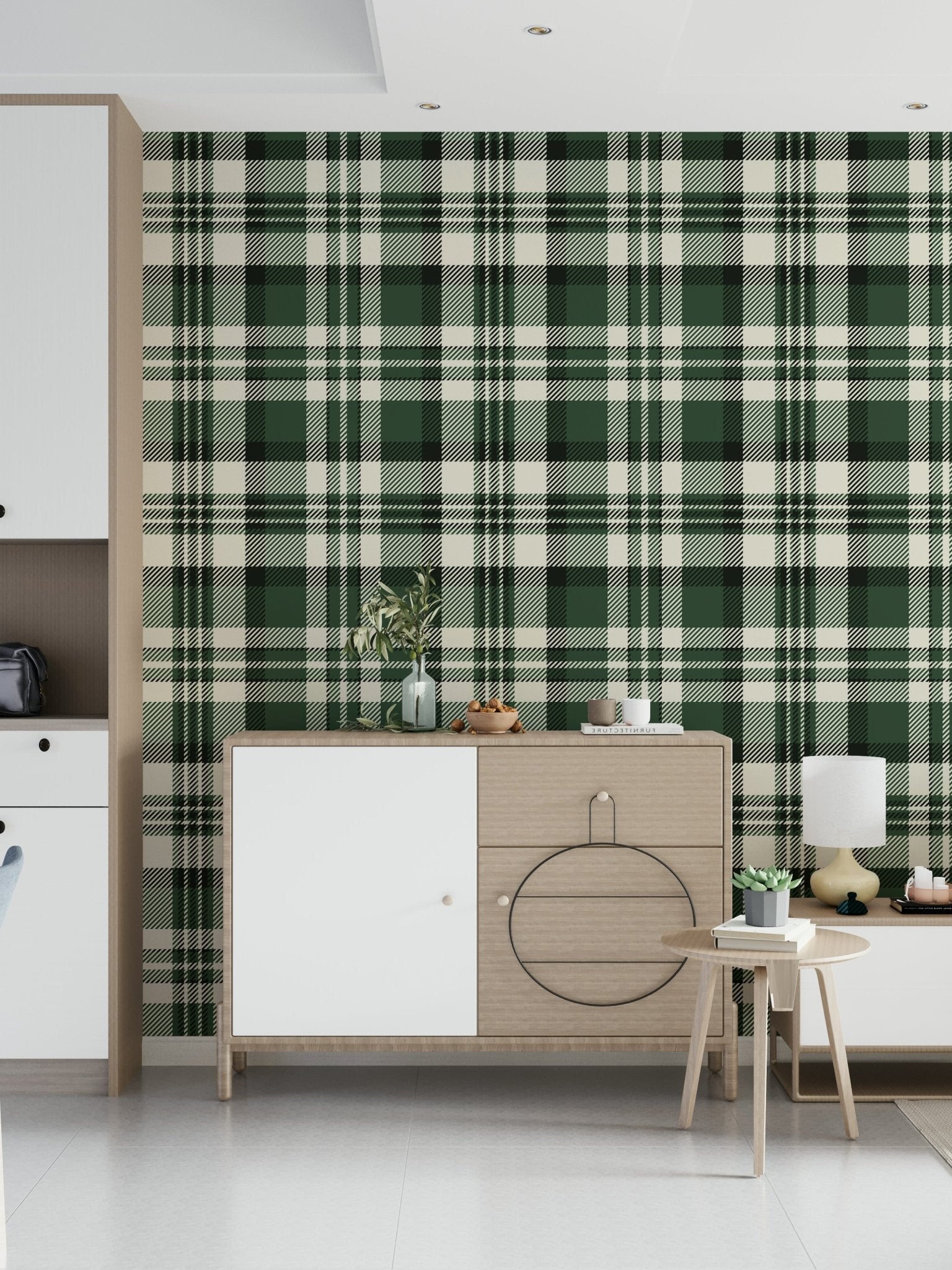 A beautiful modern green plaid wallpaper mural with subtle, contemporary lines.