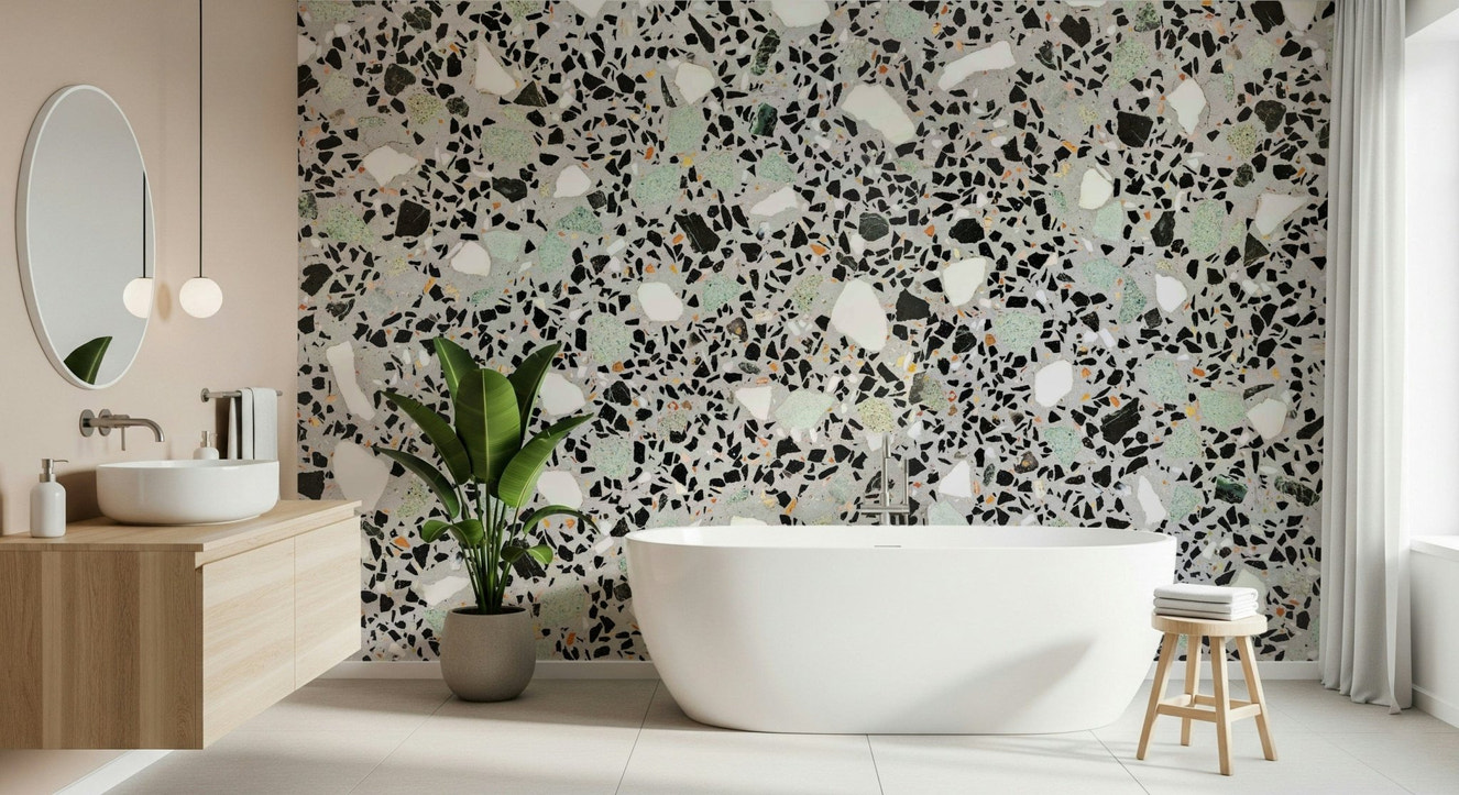 Modern Grey Terrazzo mint green flecked wallpaper for walls design