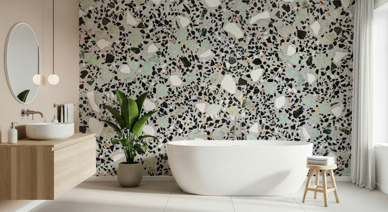 Modern Grey Terrazzo mint green flecked wallpaper for walls design, GD6798