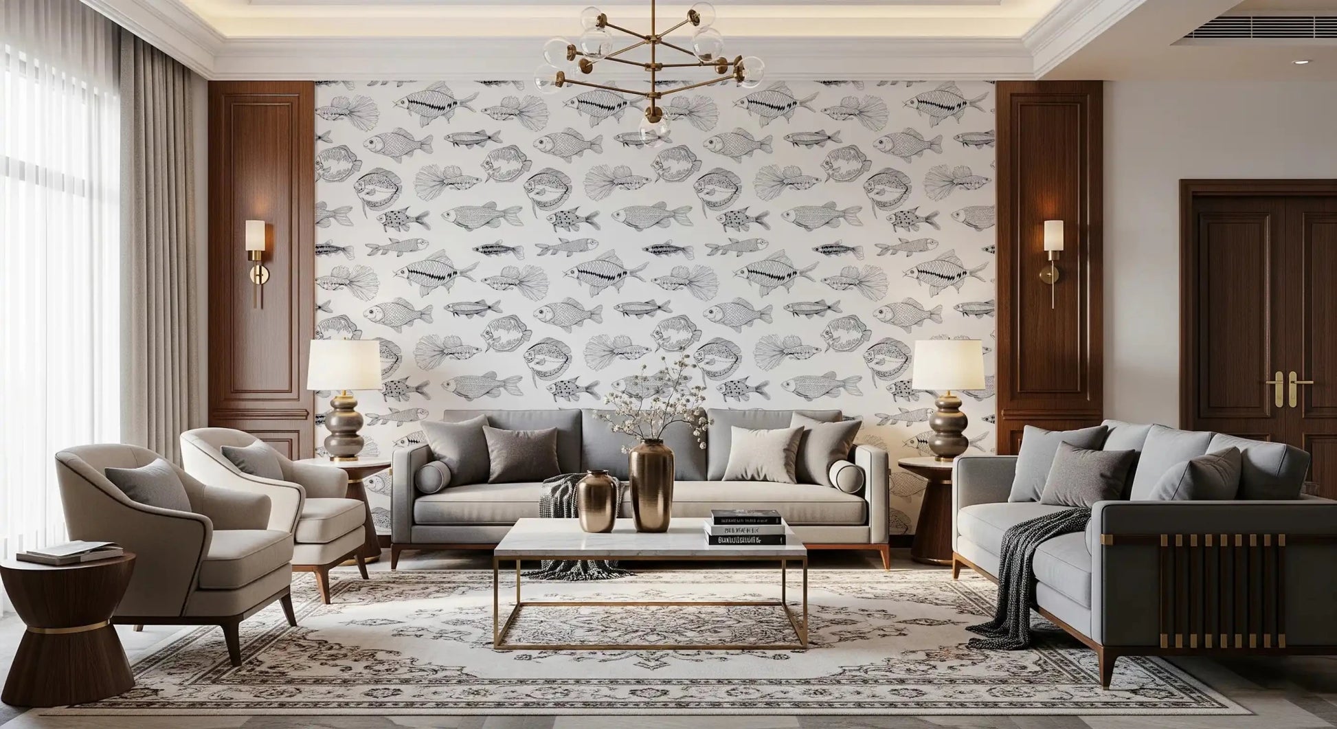 Nautical pattern wallpaper showing detailed fish illustrations in monochrome