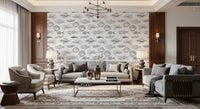 Nautical pattern wallpaper showing detailed fish illustrations in monochrome