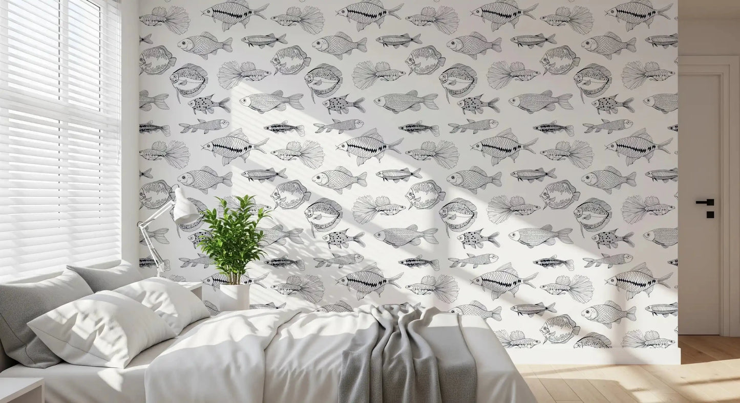 Coastal fish wallpaper in black and white with a neat illustrated surface