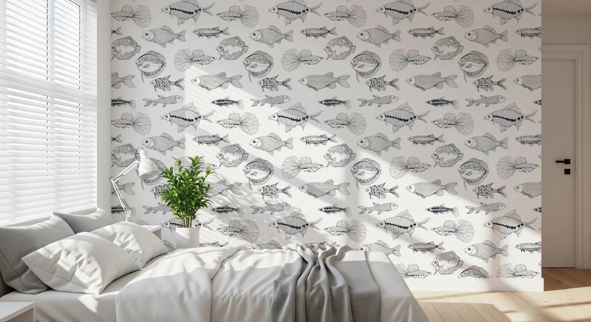 Coastal fish wallpaper in black and white with a neat illustrated surface