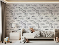 Bedroom wall featuring hand-drawn fish wallpaper on a crisp white background