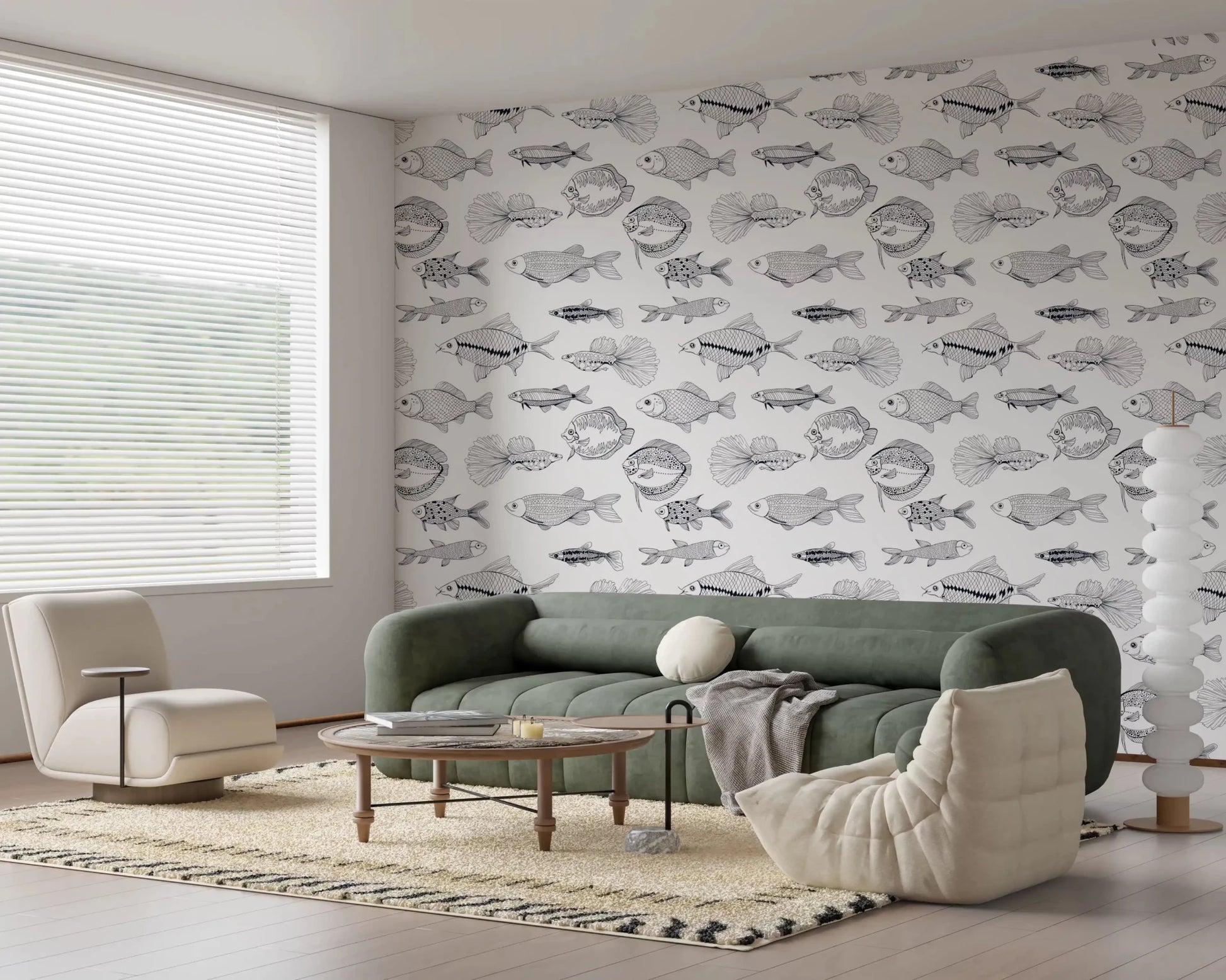 Black and white wallpaper with hand-drawn fish in an airy nautical layout