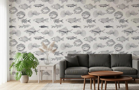 Office space with modern fish sketch wallpaper in a clean coastal repeat