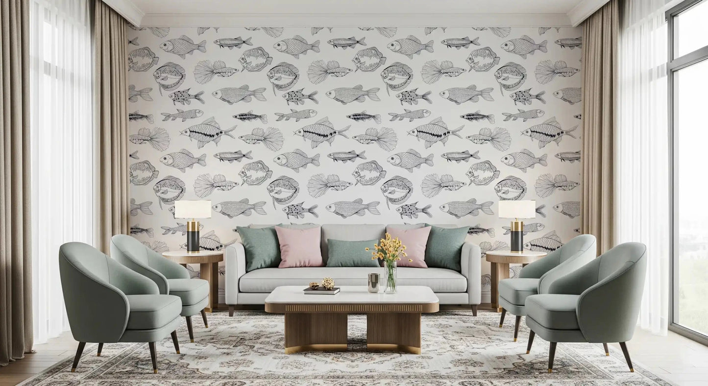 Living room with black and white fish wallpaper in a modern nautical sketch pattern