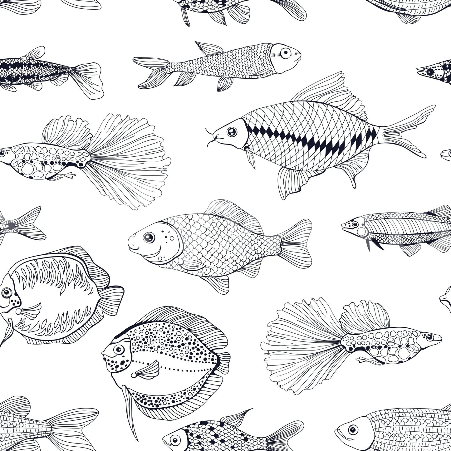 Monochrome nautical wallpaper with detailed fish linework and crisp contrast