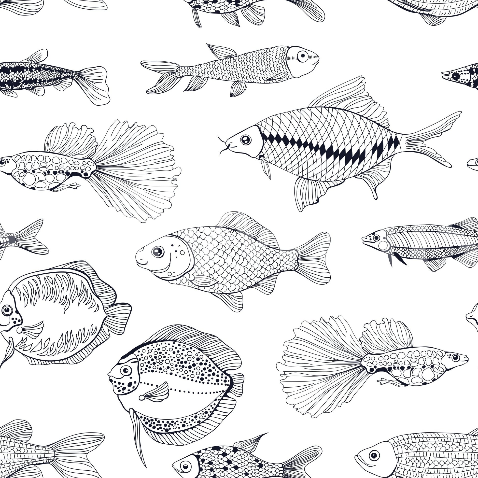 Monochrome nautical wallpaper with detailed fish linework and crisp contrast