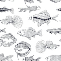 Monochrome nautical wallpaper with detailed fish linework and crisp contrast