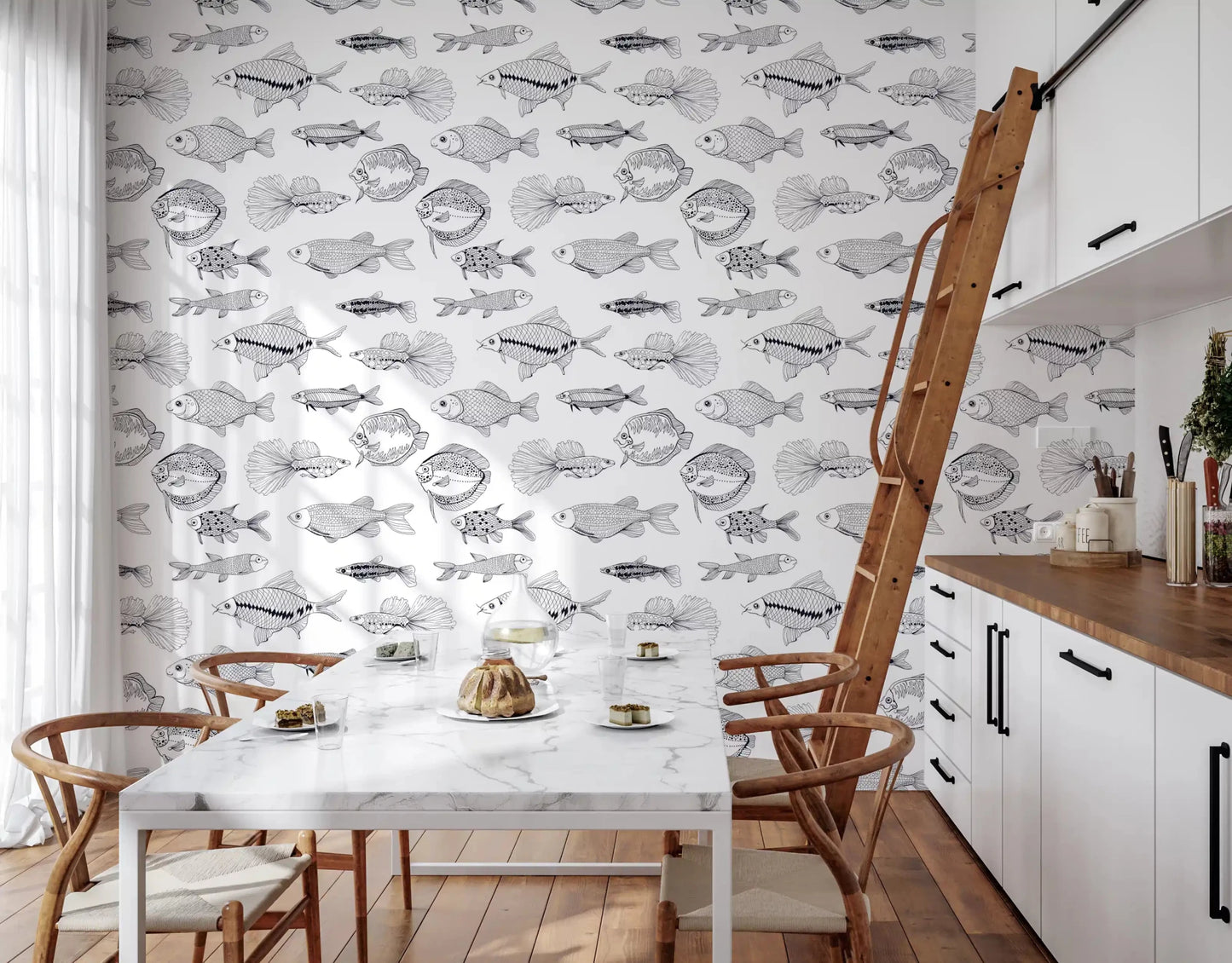 Modern fish line art wallpaper with bold black marine sketches on white