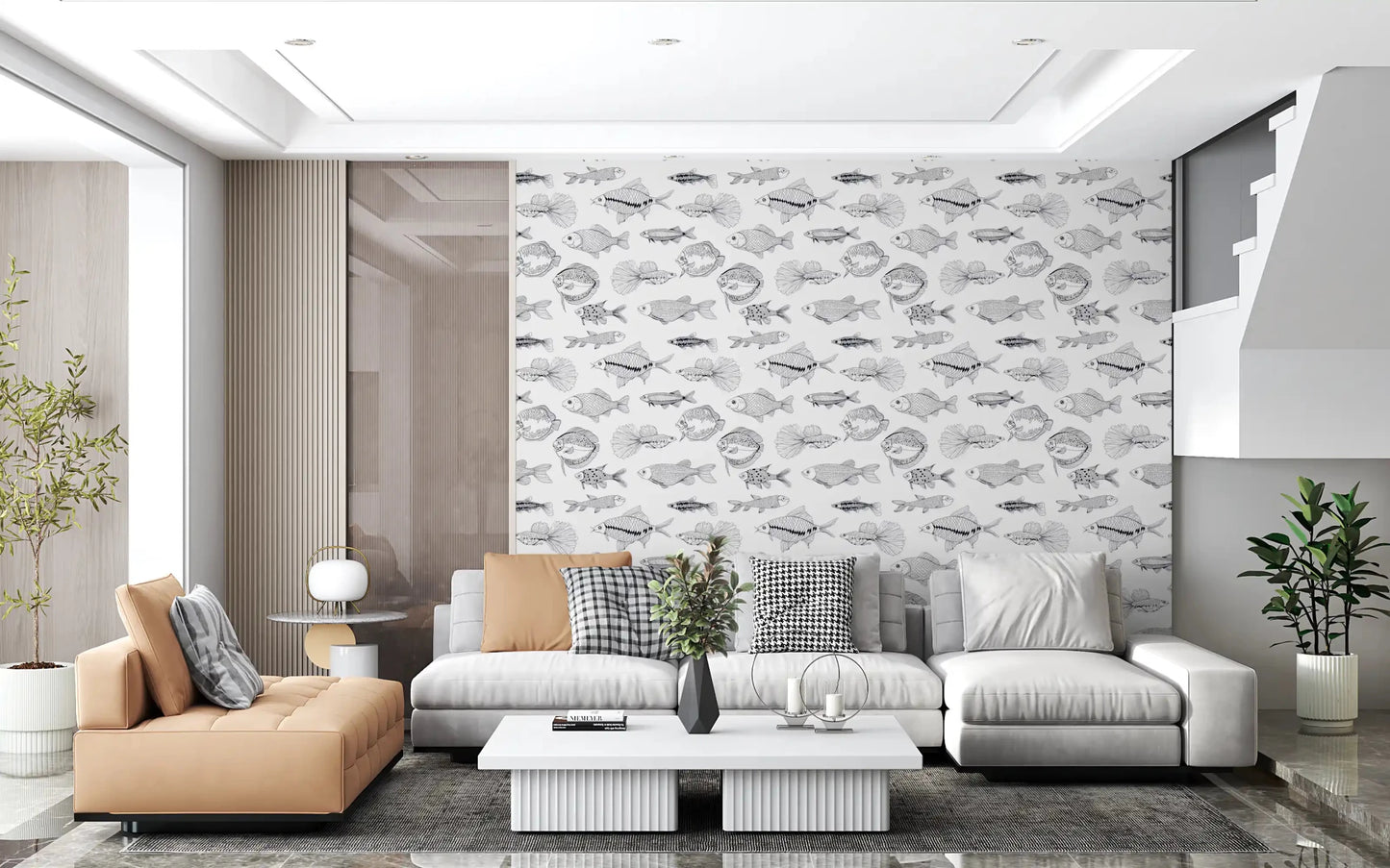 Marine sketch wallpaper with hand-drawn fish and balanced open spacing