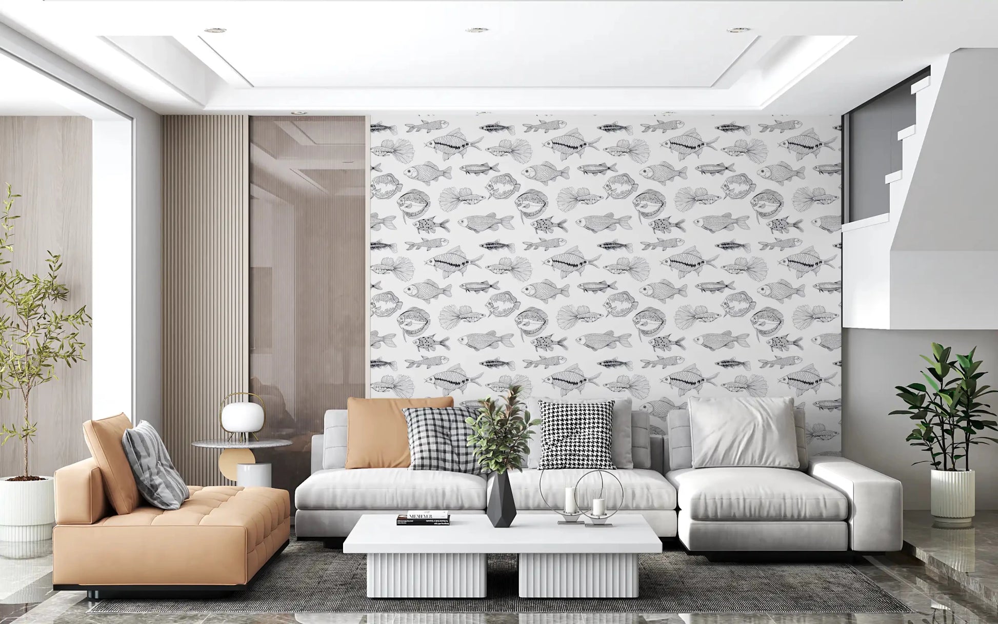 Marine sketch wallpaper with hand-drawn fish and balanced open spacing