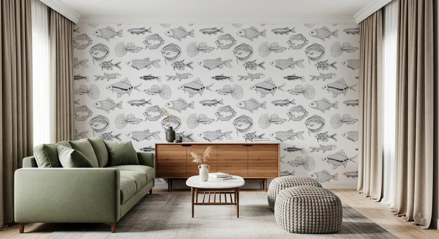 White wallpaper with black fish drawings in a clean coastal repeat design