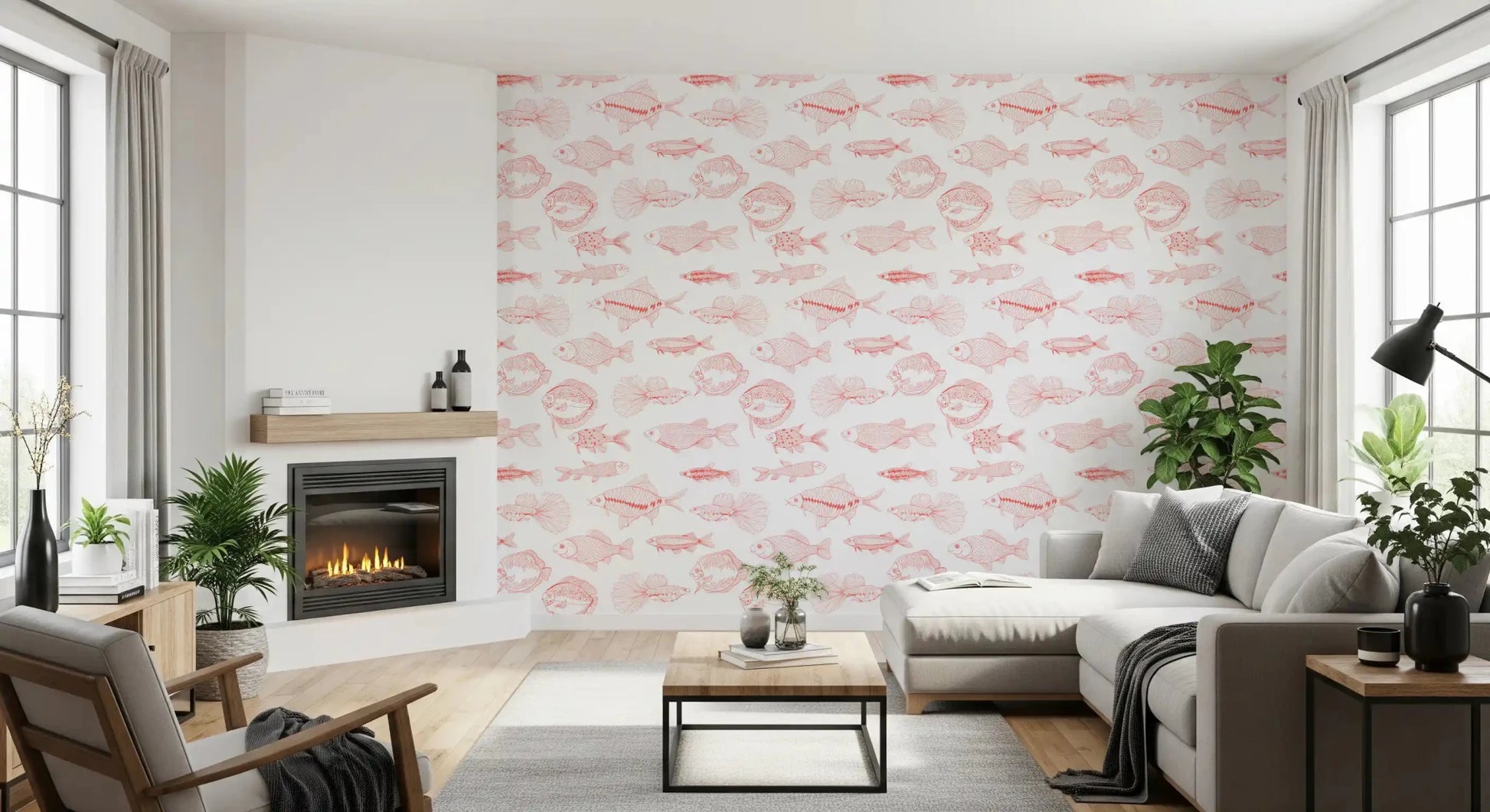 Hand-drawn fish wallpaper with soft coral line art on a white base