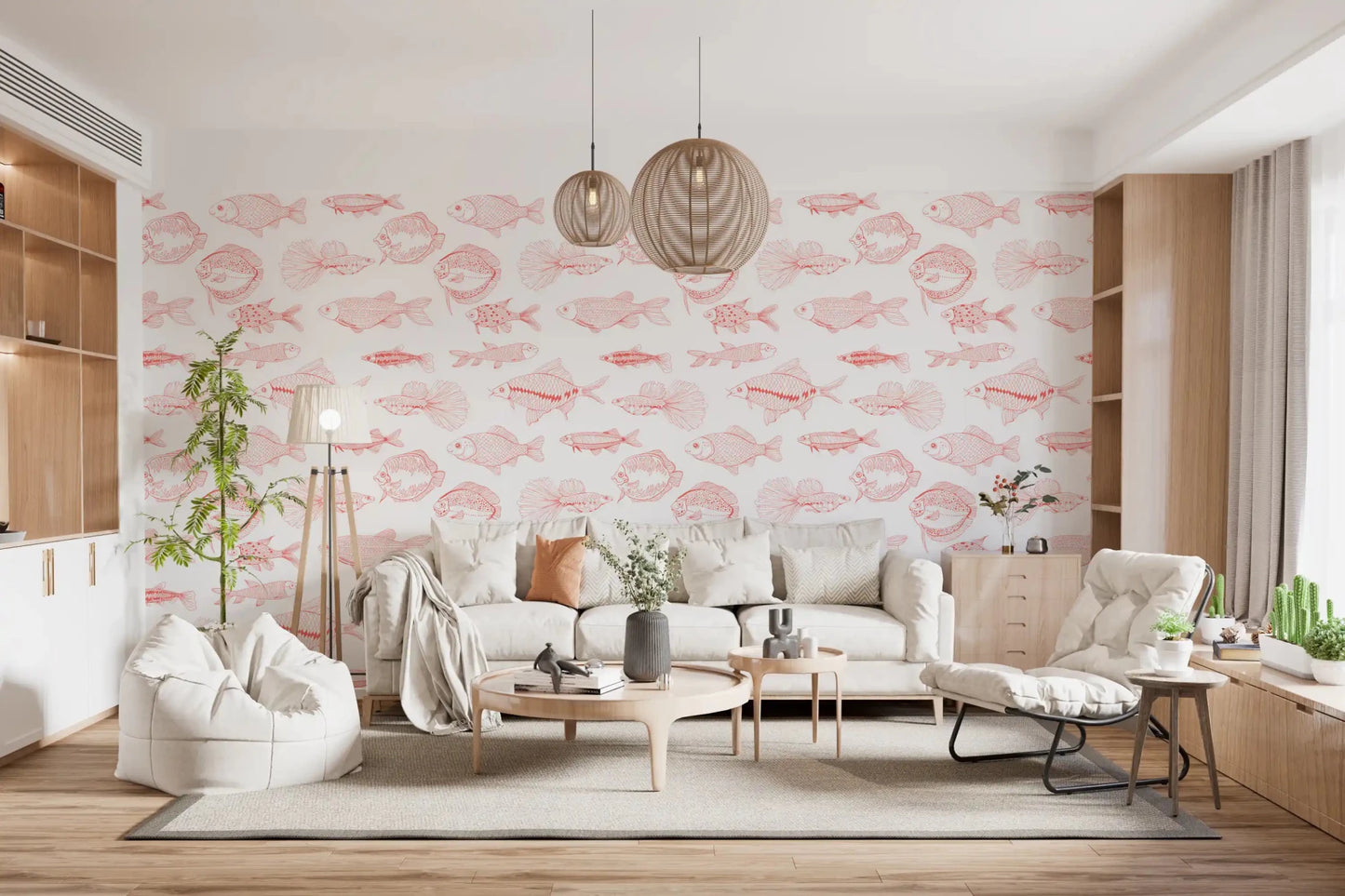 White wallpaper with coral fish outlines in a clean coastal design