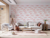 Living room with coral and white fish wallpaper in a hand-drawn nautical pattern