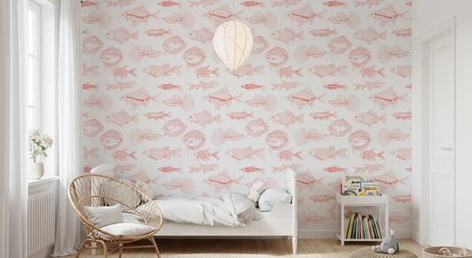 Coral and white wallpaper with outlined fish in a modern nautical repeat