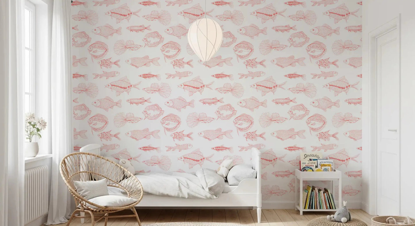 Coral and white wallpaper with outlined fish in a modern nautical repeat