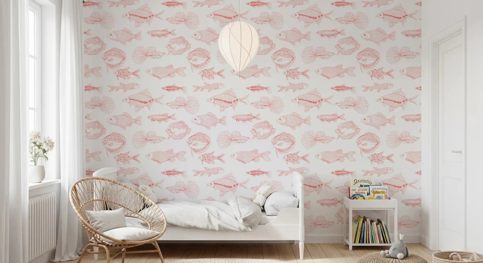 Coral and white wallpaper with outlined fish in a modern nautical repeat