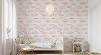 Coral and white wallpaper with outlined fish in a modern nautical repeat