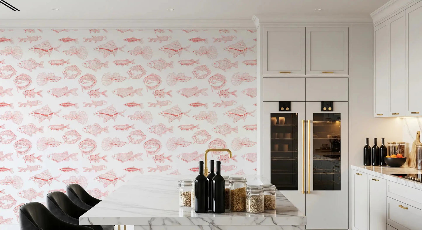 Dining area styled in nautical fish wallpaper with coral sketch details