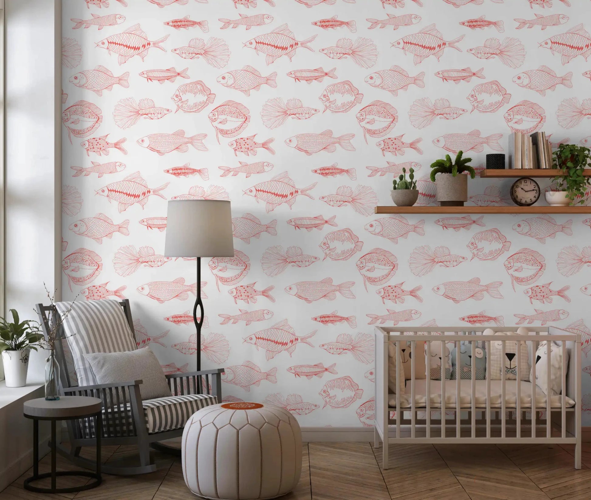 Modern fish line art wallpaper with a light coral marine pattern