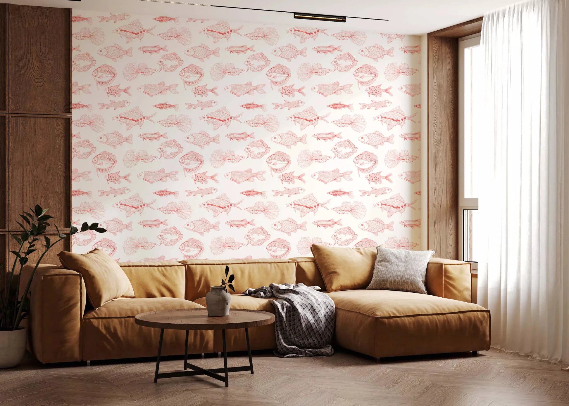 Hallway wall with coral fish line art wallpaper on a clean white background