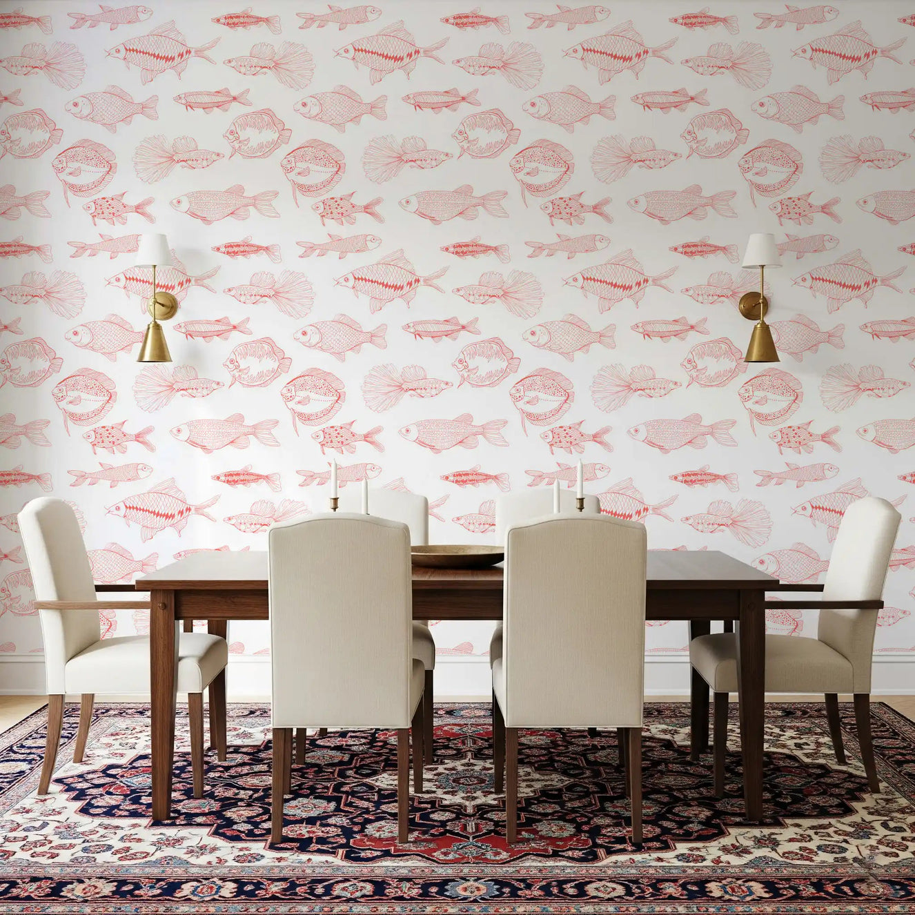 Nautical pattern wallpaper featuring coral fish sketches and open spacing