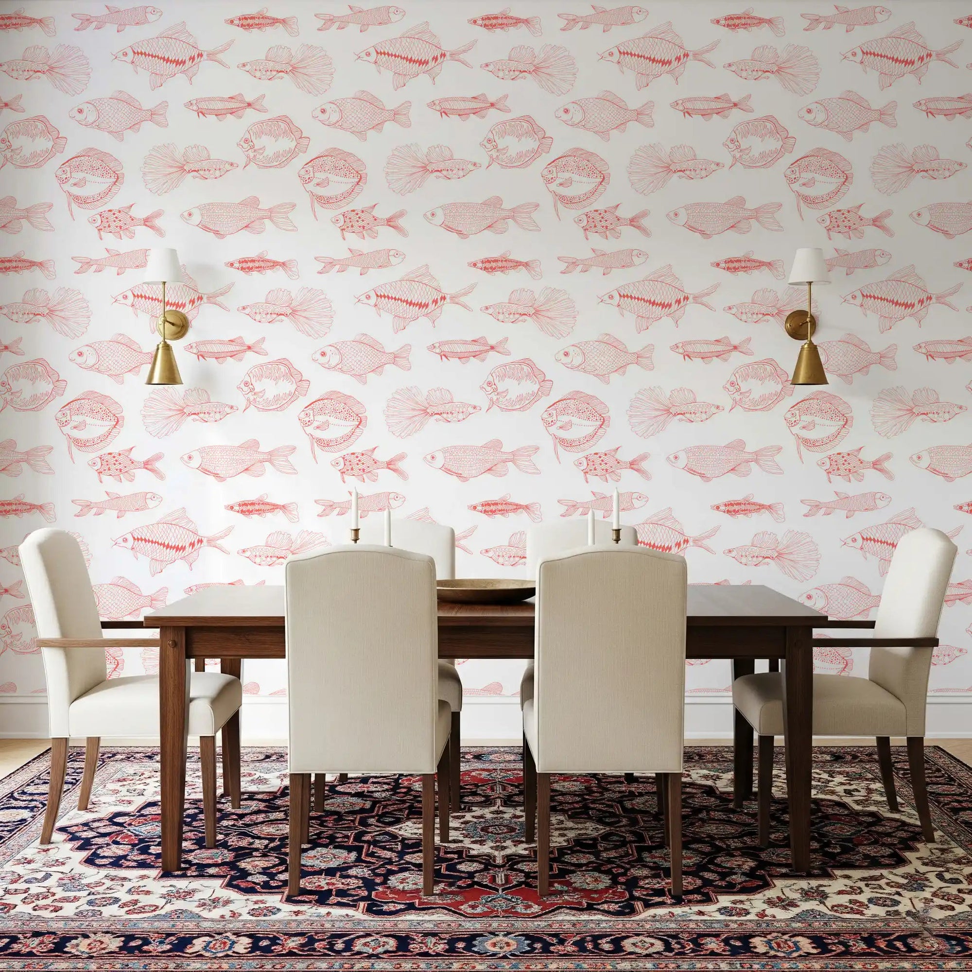 Nautical pattern wallpaper featuring coral fish sketches and open spacing, GD9441