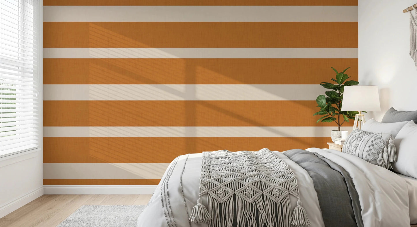 Modern Horizontal Stripe Terracotta Cream Wallpaper with wide balanced bands
