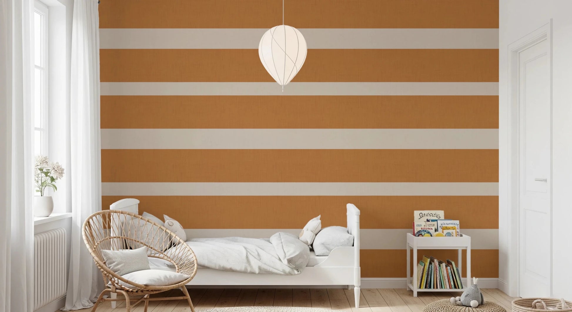 Textured Horizontal Stripe Wallpaper in terracotta and cream with clean lines