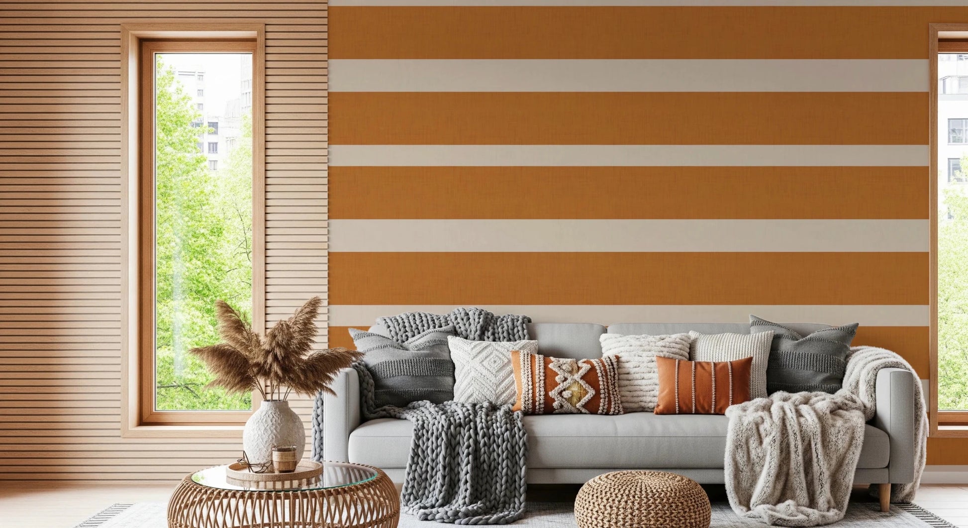Hallway styled with Modern Horizontal Stripe wallpaper in warm terracotta cream