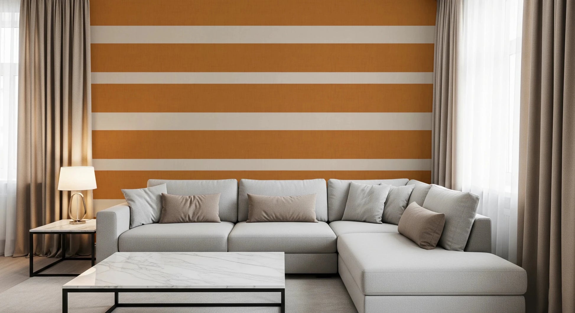 Terracotta Cream Horizontal Stripe Wallpaper with broad bands and subtle texture