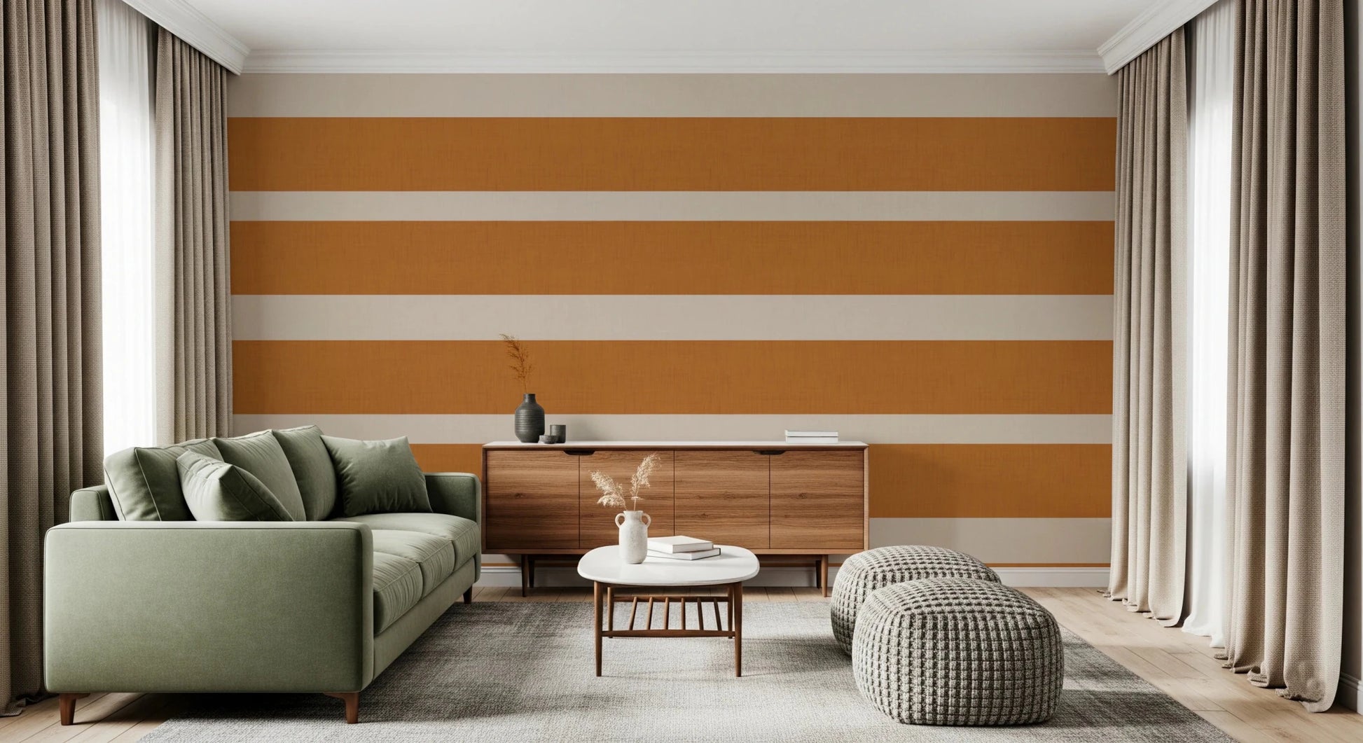 Modern Stripe Wallpaper showing earthy terracotta blocks and soft cream gaps