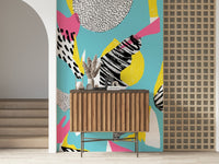 Bold high-contrast wall covering showing Modern Living brushstroke forms on cyan.