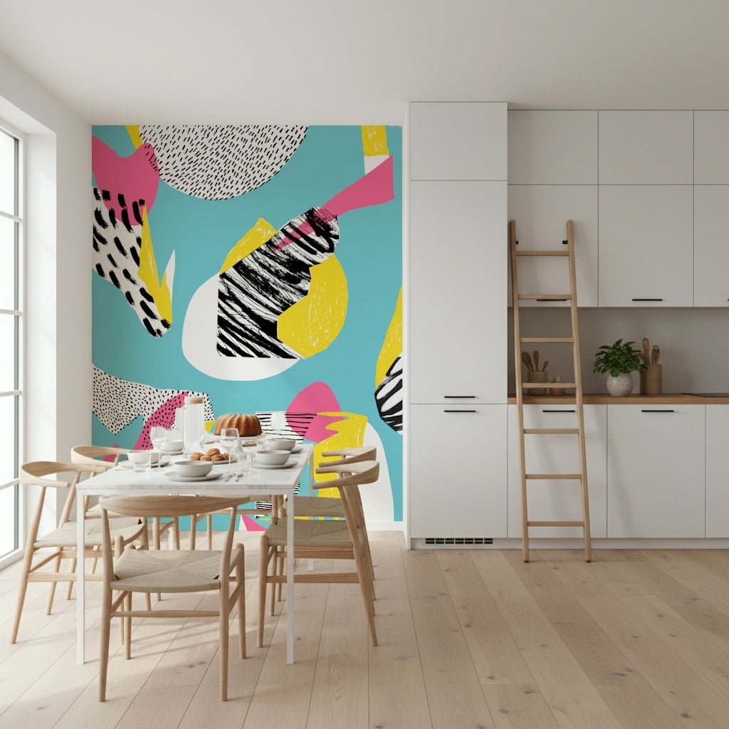 Modern Living abstract wallpaper mural, bold pop art aesthetic.