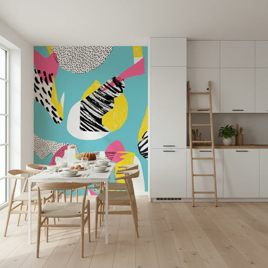 Modern Living abstract wallpaper mural, bold pop art aesthetic.