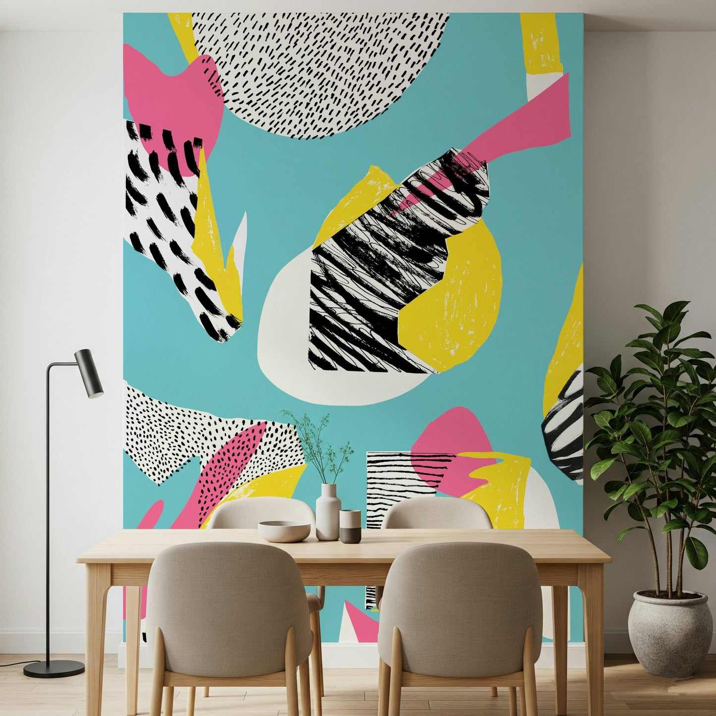 Vibrant Modern Living removable wallpaper displaying black and white geometric fragments.